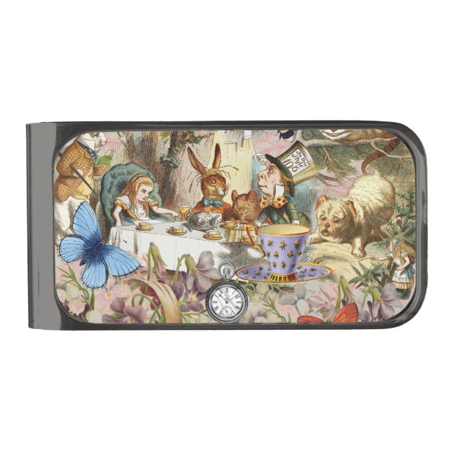 Alice in Wonderland Tea Party Art Gunmetal Finish Money Clip (Front)