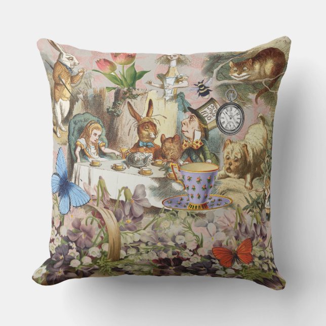 Alice in Wonderland Tea Party Art Outdoor Pillow (Front)