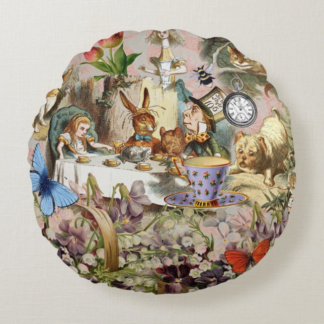 Alice in Wonderland Tea Party Art Round Pillow (Front)