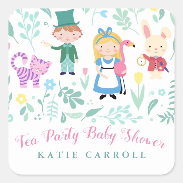 Alice in Wonderland Tea Party Baby Shower Square Sticker (Front)