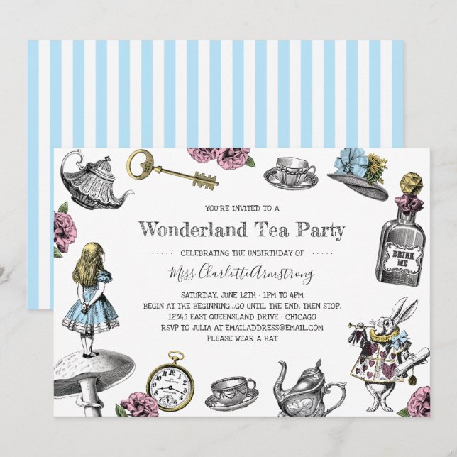 Alice in Wonderland Tea Party Blue Stripes Invitation (Front/Back)