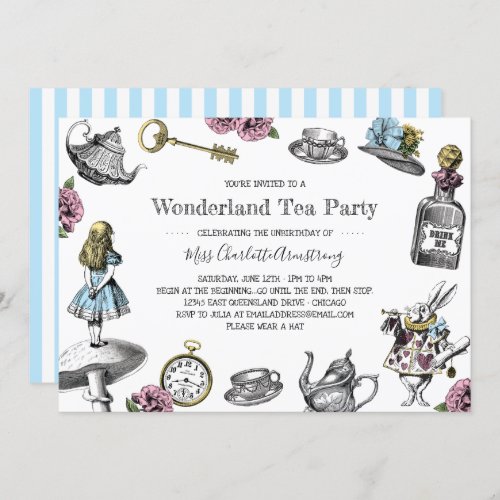 Alice in Wonderland Tea Party Blue Stripes Invitation
