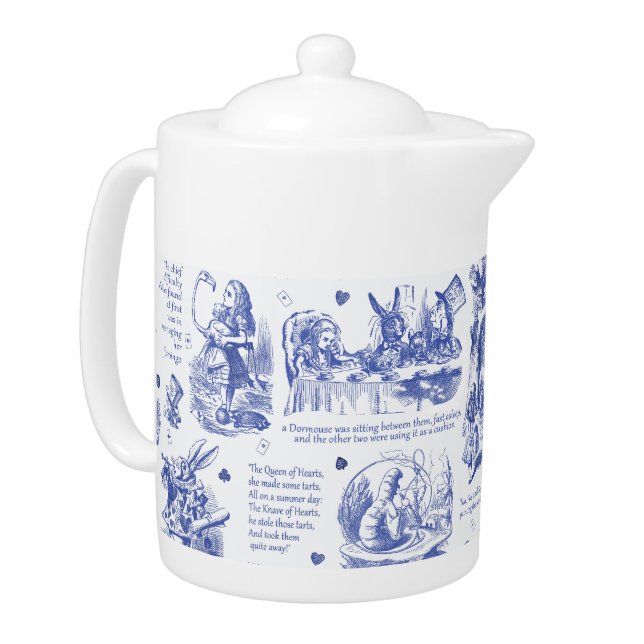 Alice in Wonderland Tea Party Blue Toile Quotes Teapot (Left)