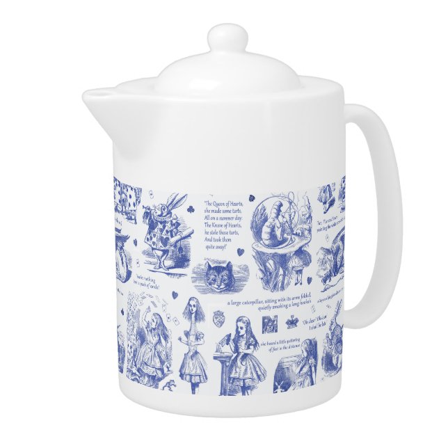 Alice in Wonderland Tea Party Blue Toile Quotes Teapot (Right)