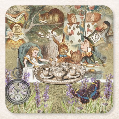 Alice in Wonderland Tea Party Guests Square Paper Coaster
