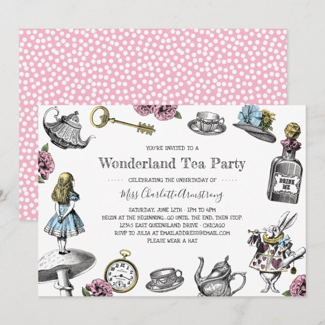 Alice in Wonderland Tea Party Polka Dots Invitation (Front/Back)
