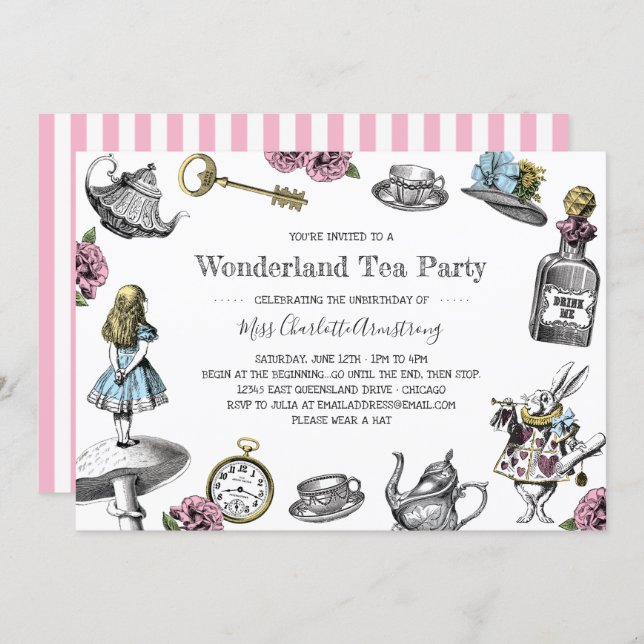 Alice in Wonderland Tea Party Stripes Invitation (Front/Back)