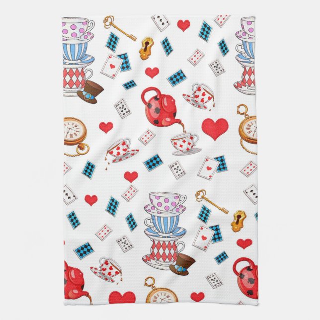 Alice in Wonderland Tea Party Theme Pattern Kitchen Towel (Vertical)
