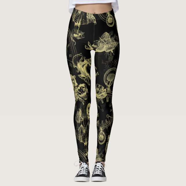 Alice in Wonderland Tea Time Black Gold Leggings (Front)
