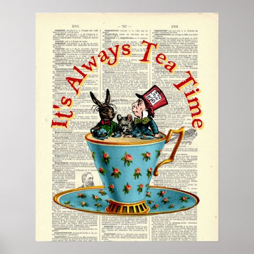 Alice in Wonderland Tea Time Old Dictionary Page Poster