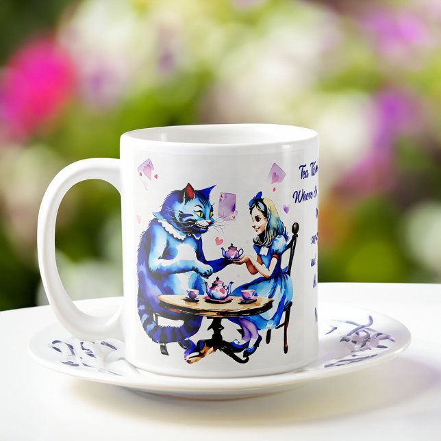Alice in wonderland themed party favors coffee mug (Alice in wonderland themed party favors personalized name coffee mug Cheshire cat and Alice tea time)