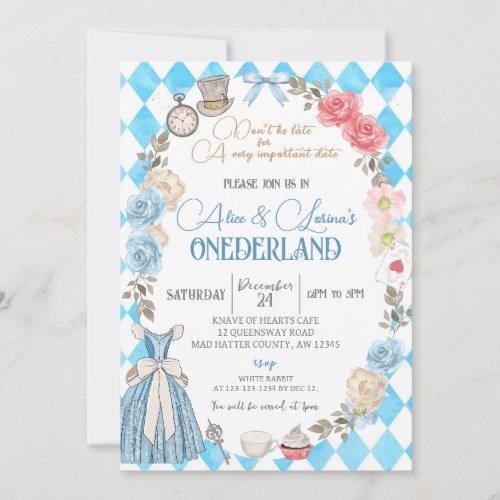 Alice in Wonderland Twin Girls 1st Birthday Tea Invitation