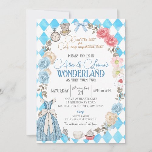 Alice in Wonderland Twins Birthday Tea for Two Invitation