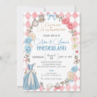 Alice in Wonderland, Twins Girls 1st Birthday Tea Invitation
