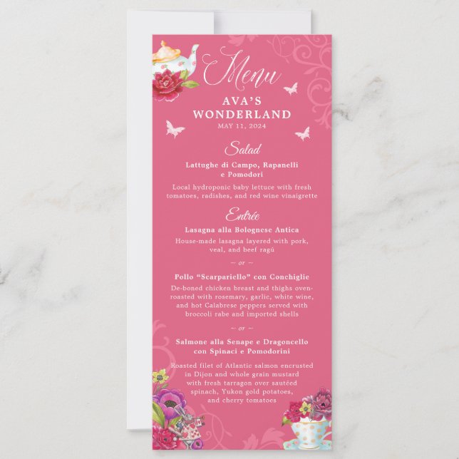 Alice In Wonderland Vibrant Florals Party Menu Invitation (Front)