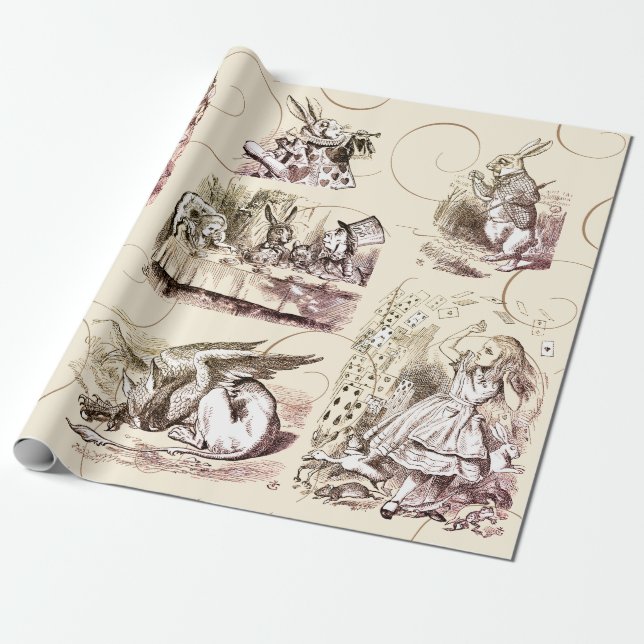 Alice in Wonderland Vintage Beige Gold Wrapping Paper (Unrolled)