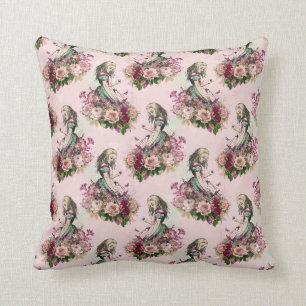 Alice in Wonderland Vintage Floral Pink Throw Pillow