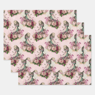 Alice in Wonderland Vintage Floral Pink Wrapping Paper Sheets