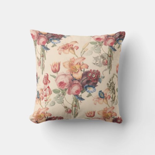 Alice in Wonderland Vintage Garden Flowers Pillow