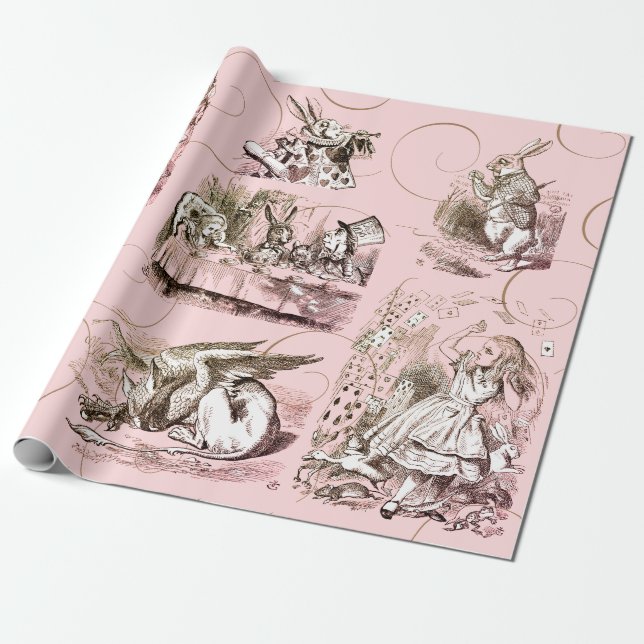 Alice in Wonderland Vintage Pink Wrapping Paper (Unrolled)