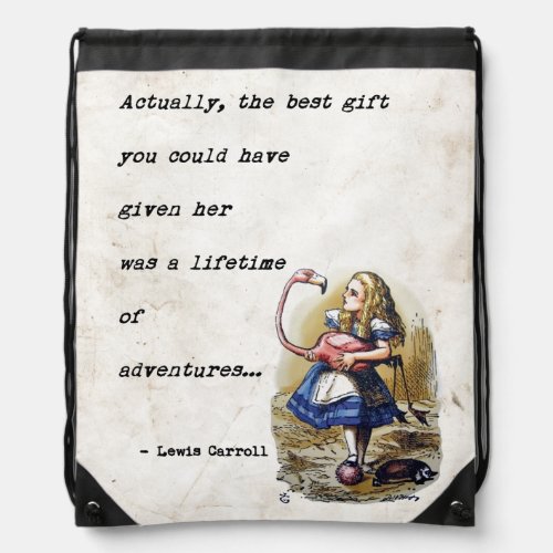Alice In Wonderland WFlamingo Adventure Quote Drawstring Bag