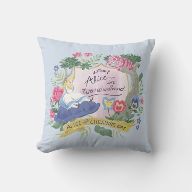 Alice In Wonderland | Watercolor Alice & Cheshire Throw Pillow (Front)