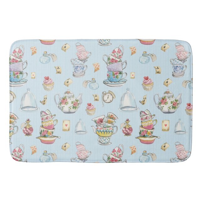 Alice in Wonderland Watercolor Blue Stripe Bath Mat (Front)