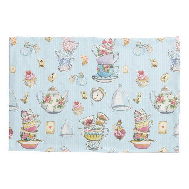 Alice in Wonderland Watercolor Blue Stripe Pillow Case (Back)