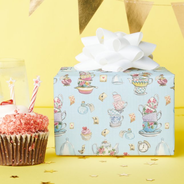 Alice in Wonderland Watercolor Blue Stripe Wrapping Paper (Birthday Party)