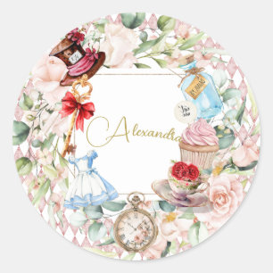 Alice In Wonderland Watercolor Floral Pink Classic Round Sticker