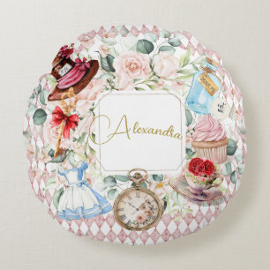 Alice In Wonderland Watercolor Floral Pink Round Pillow