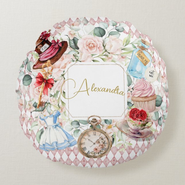 Alice In Wonderland Watercolor Floral Pink  Round Pillow (Front)