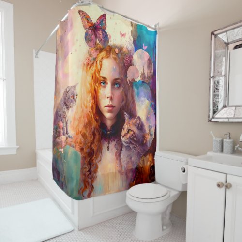 Alice in Wonderland  Whimsical Dreamy Cat Lover Shower Curtain