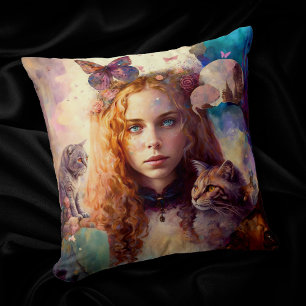 Alice in Wonderland Whimsical Dreamy Cat Lover Throw Pillow