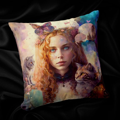 Alice in Wonderland  Whimsical Dreamy Cat Lover Throw Pillow