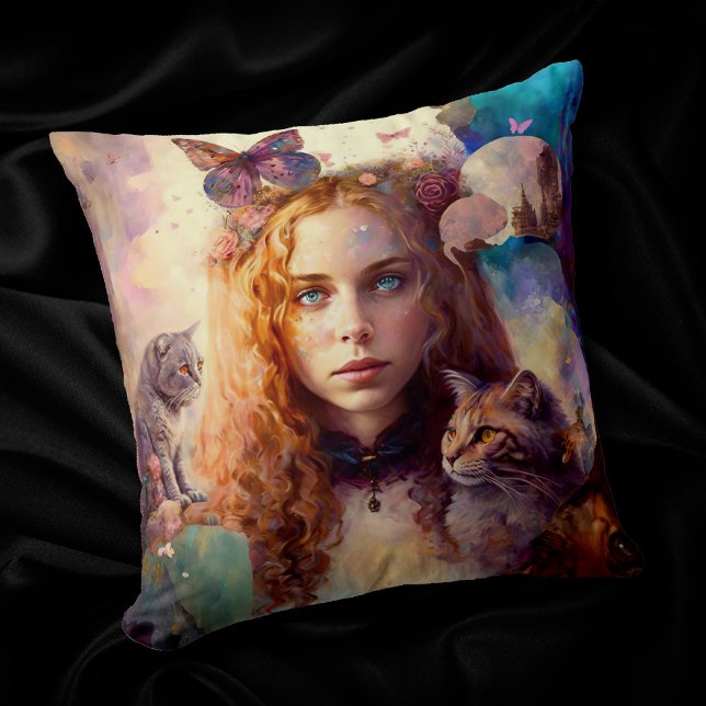 Alice in Wonderland | Whimsical Dreamy Cat Lover Throw Pillow (Creator Uploaded)