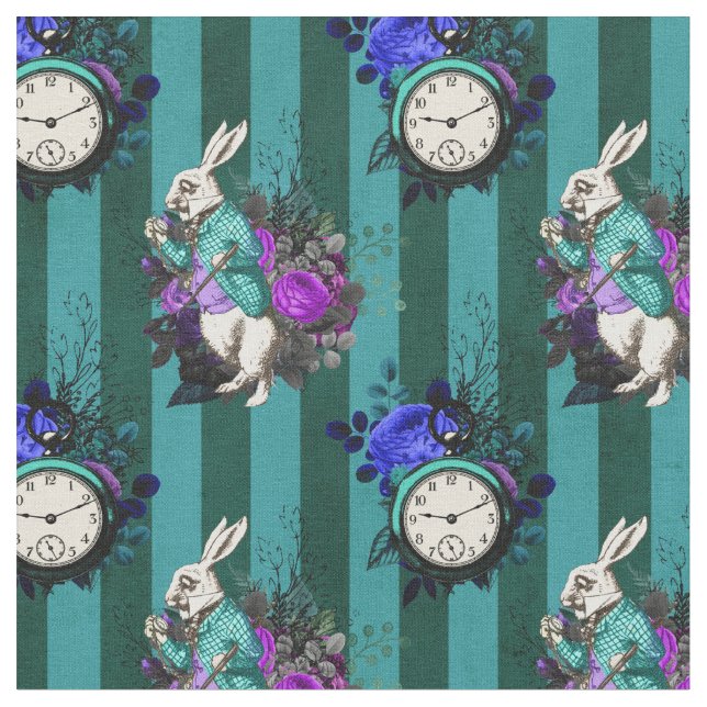 Alice in Wonderland White Rabbit and Clock Fabric (Close Up)
