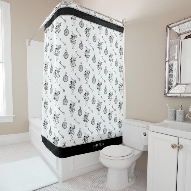Alice in Wonderland White Rabbit Black  bathroom  Shower Curtain (In Situ)