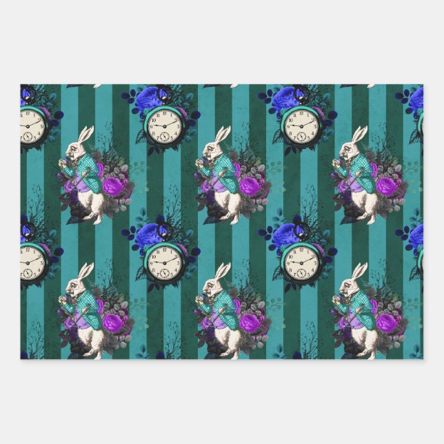 Alice in Wonderland White Rabbit Clock Wrapping Paper Sheets (Front)