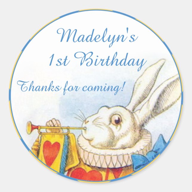 Alice in Wonderland White Rabbit First Birthday Classic Round Sticker (Front)