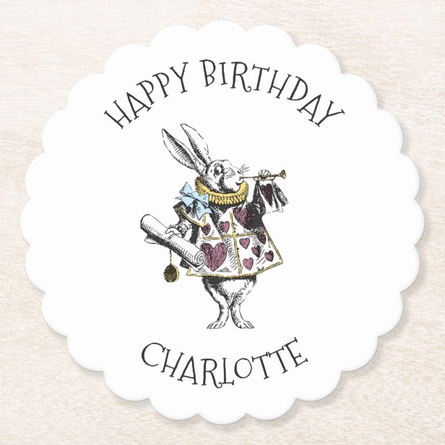 Alice in Wonderland White Rabbit Happy Birthday Paper Coaster (Front)