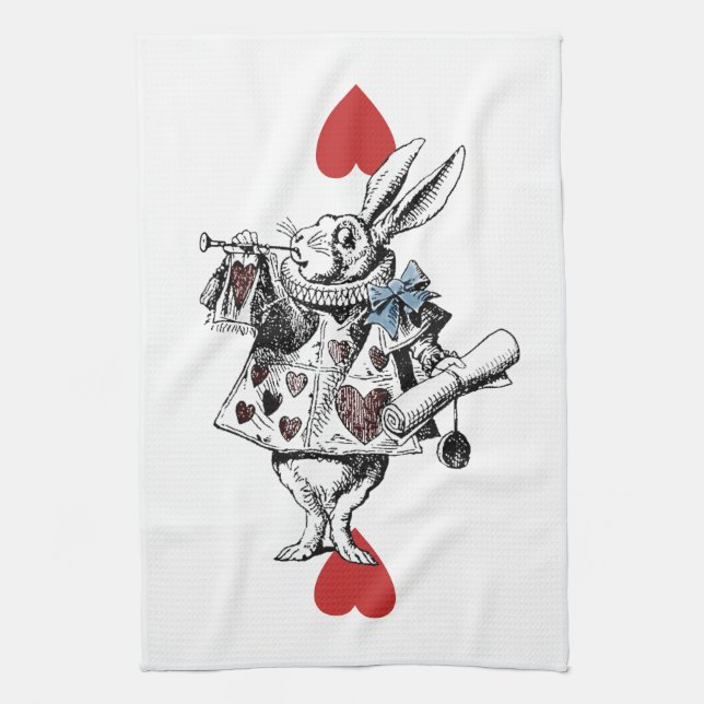 Alice in Wonderland White Rabbit Hearts Tea Towel (Vertical)