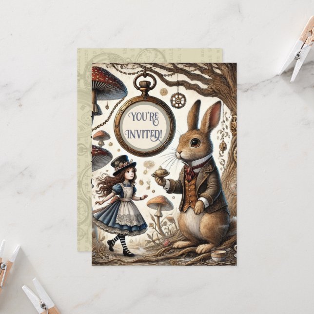 Alice in Wonderland White Rabbit Invitation (Front/Back In Situ)