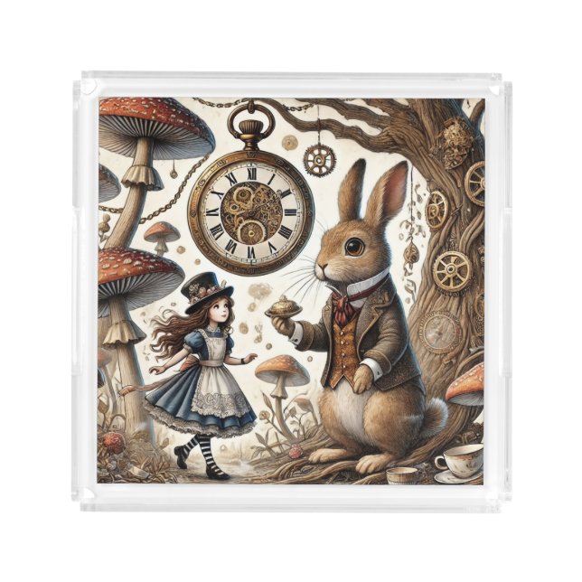 Alice in Wonderland White Rabbit tea Art Acrylic Tray (Front)