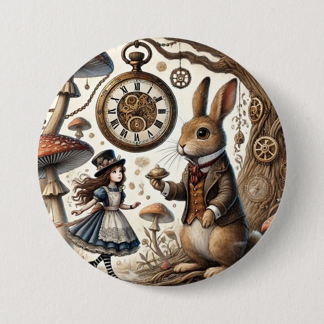 Alice in Wonderland White Rabbit tea Art Button (Front)