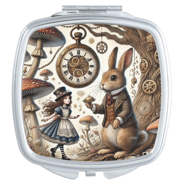 Alice in Wonderland White Rabbit tea Art Compact Mirror (Front)