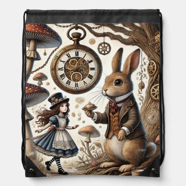 Alice in Wonderland White Rabbit tea Art Drawstring Bag (Front)