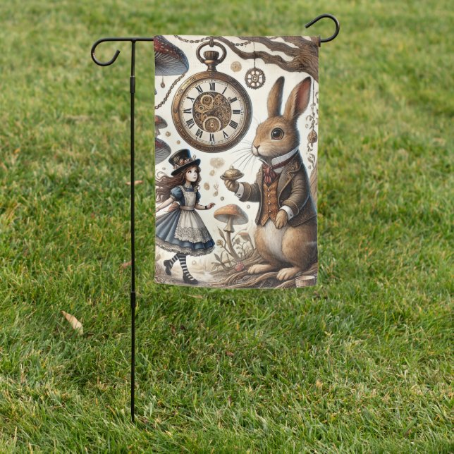 Alice in Wonderland White Rabbit tea Art Garden Flag (In SItu)