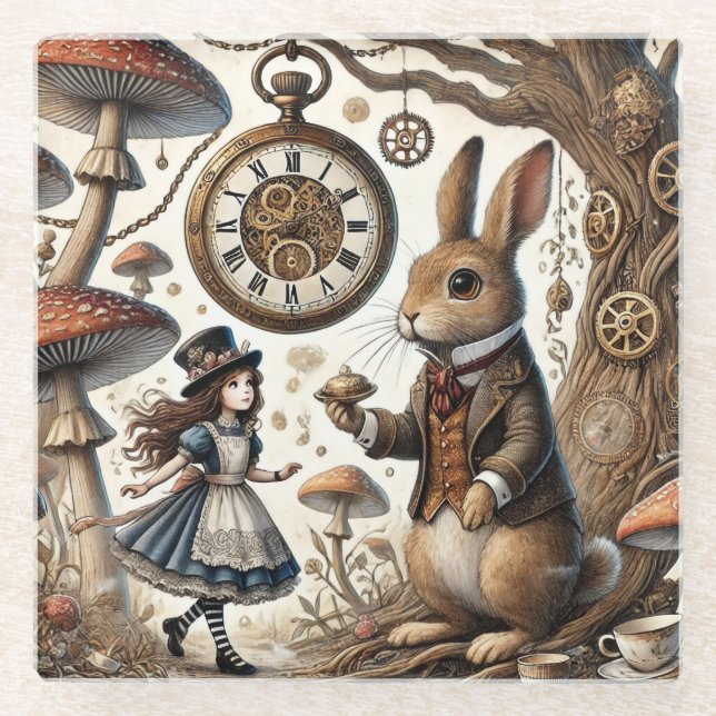 Alice in Wonderland White Rabbit tea Art Glass Coaster (Front)