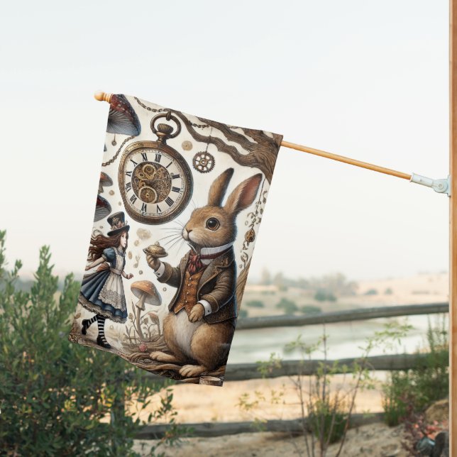 Alice in Wonderland White Rabbit tea Art House Flag (Insitu (Back))